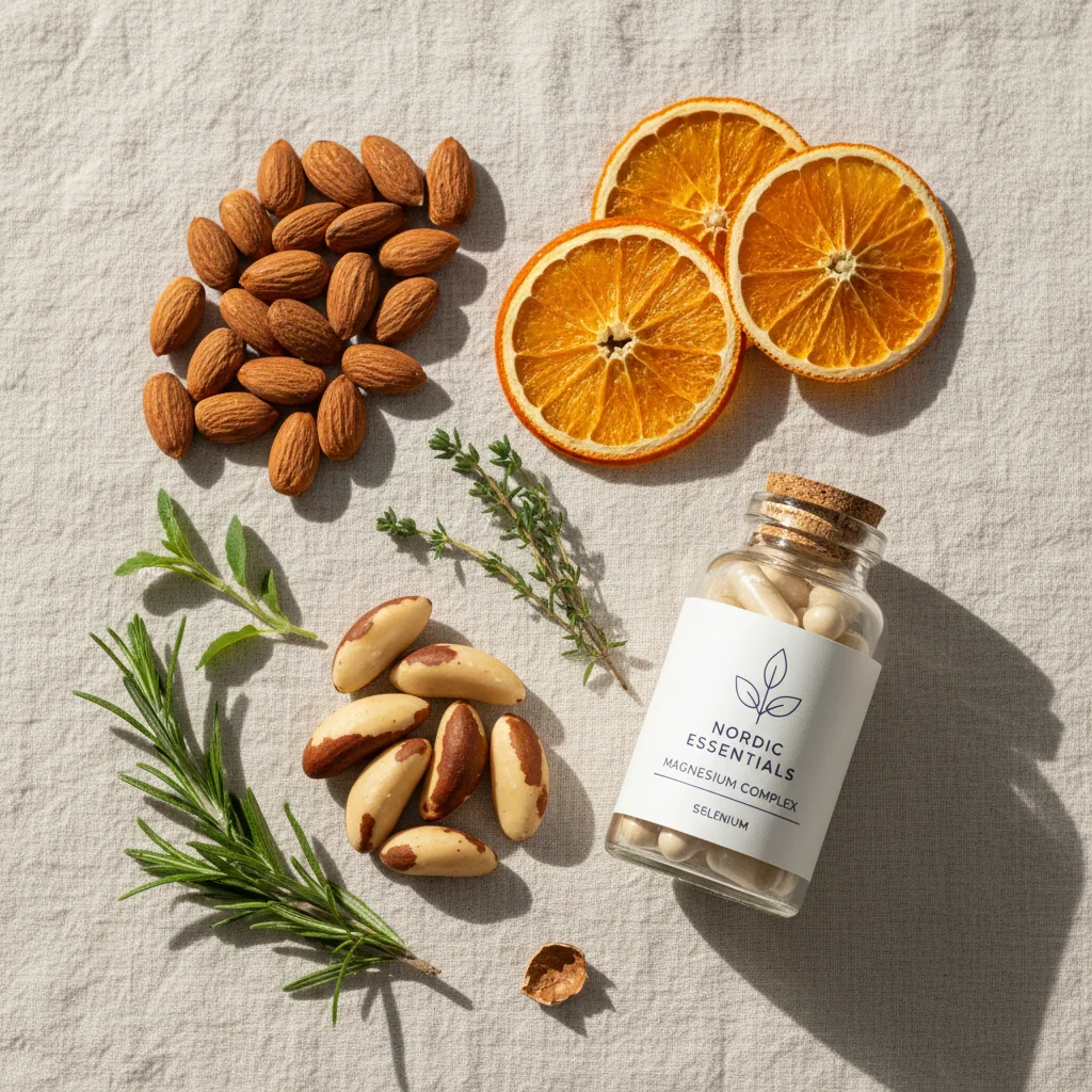 Naturliga ingredienser: mandlar för magnesium, apelsin för Vitamin C, paranötter för Selen och örter