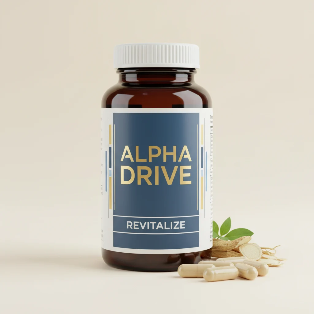 Alpha Drive kosttillskott 60 kapslar - vit burk med blå hexagon-etikett
